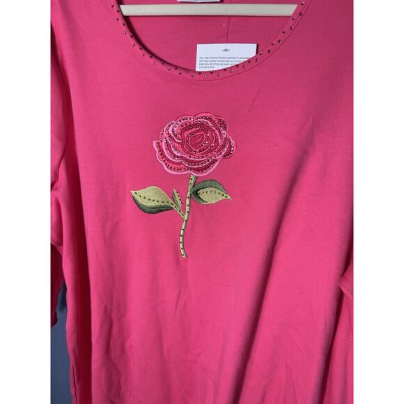Quacker Factory Pink Rose Shirt Women’s Plus 3X – Rhinestone Floral Top - Picture 2 of 4
